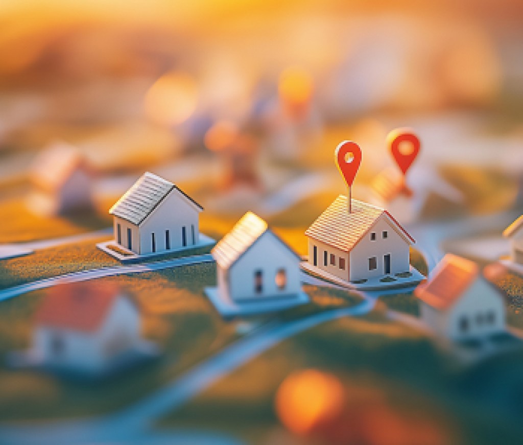 A miniature model of a neighborhood with red pins marking locations. Land and houses for sale concept.