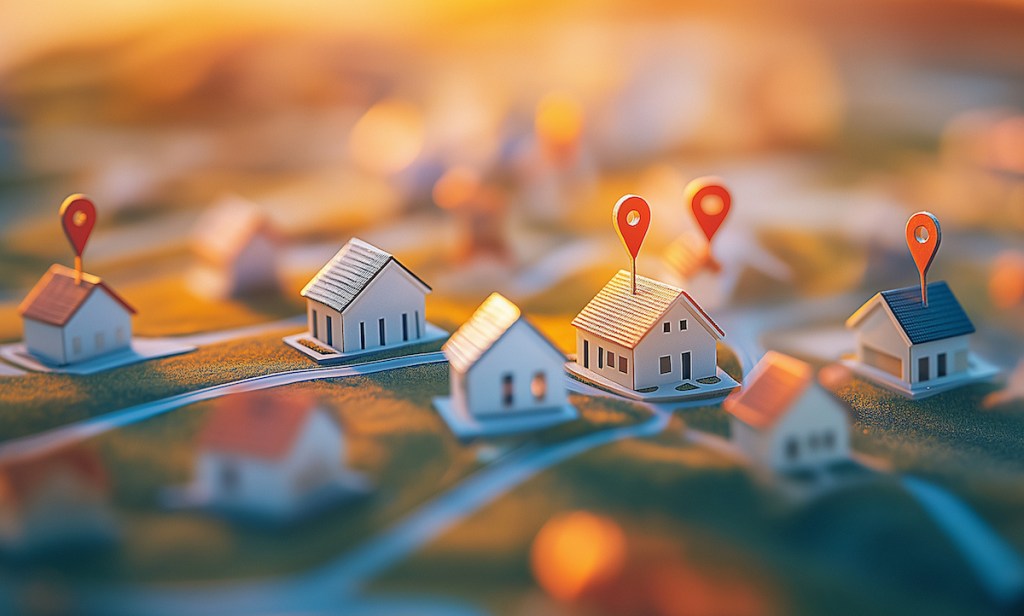 A miniature model of a neighborhood with red pins marking locations. Land and houses for sale concept.
