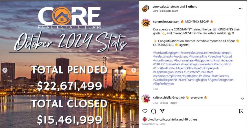 Instagram post of a real estate team's October 2024 stats.