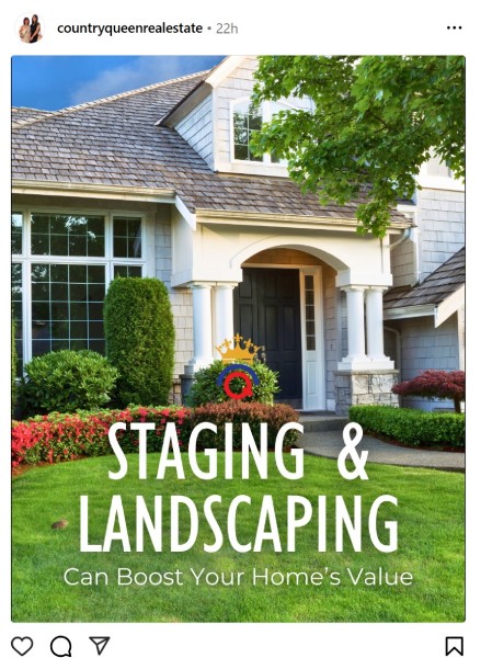 Instagram post about how to boost your home's value with staging and landscaping.