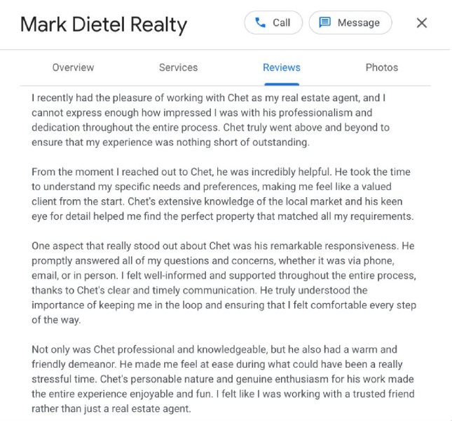 Review of Mark Dietel Realty from Google My Business.