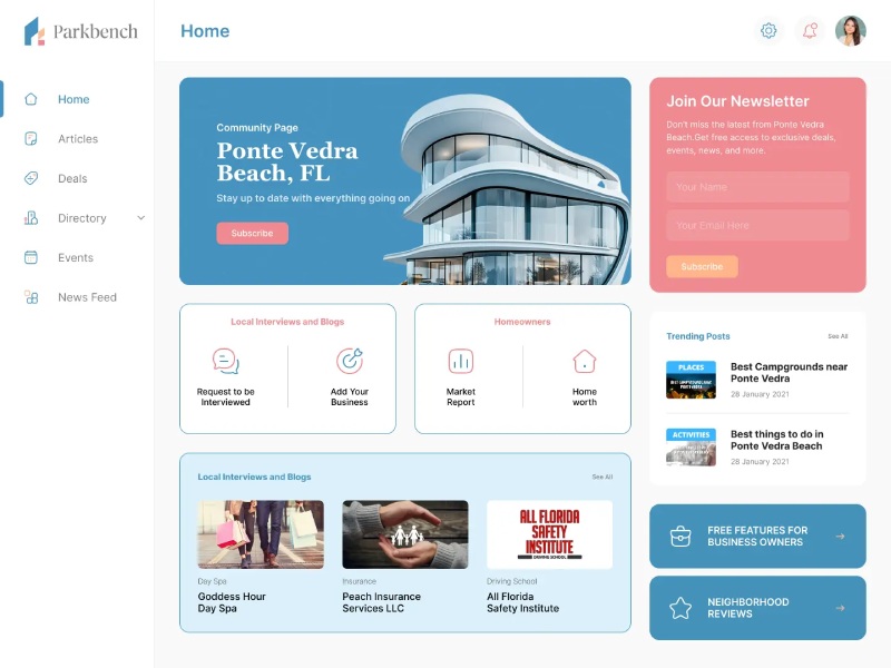 Parkbench community page for Ponte Vedra Beach, FL.