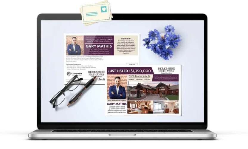 Laptop displaying two postcard examples from Wise Pelican.