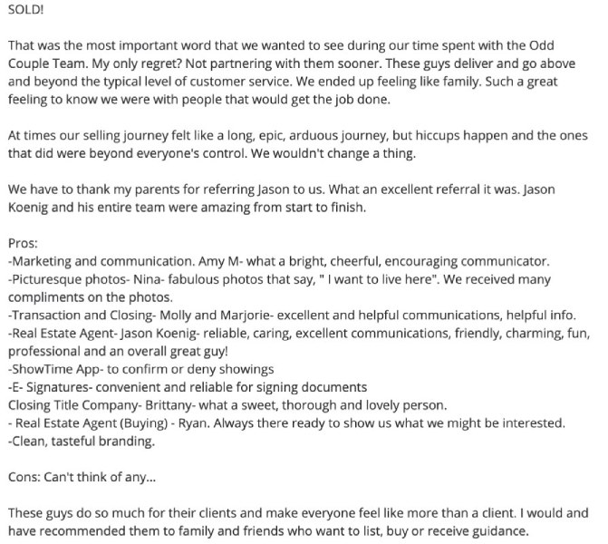 Yelp review for the Odd Couple real estate team.