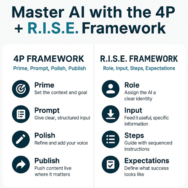 Master AI with 4P and R.I.S.E. framework infographic.