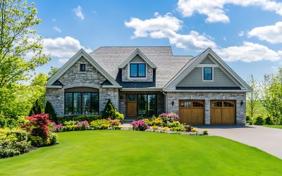 Highly detailed, bright, and clear photograph of a beautiful suburban home with a large front yard and a perfectly manicured lawn in the springtime.