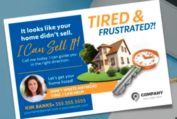 Example expired listing postcard urging readers to reach out to the agent for assistance.