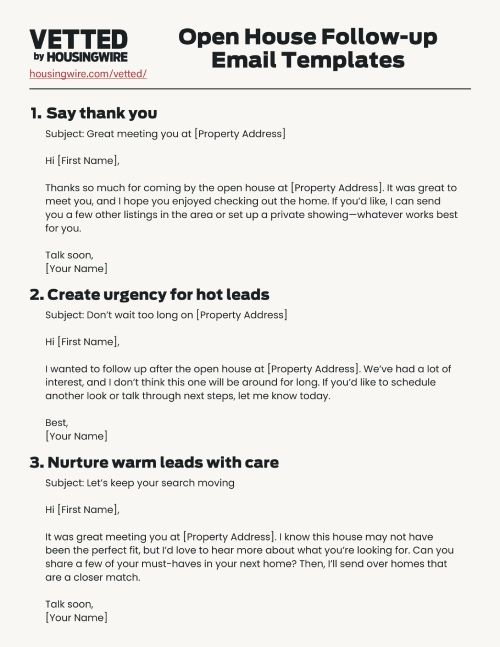 Page one of Vetted by HousingWire's "Open House Follow-up Email Templates" downloadable.