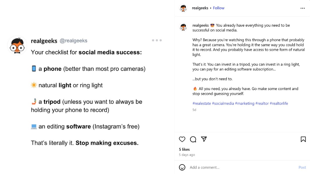 social media checklist Instagram post by @realgeeks