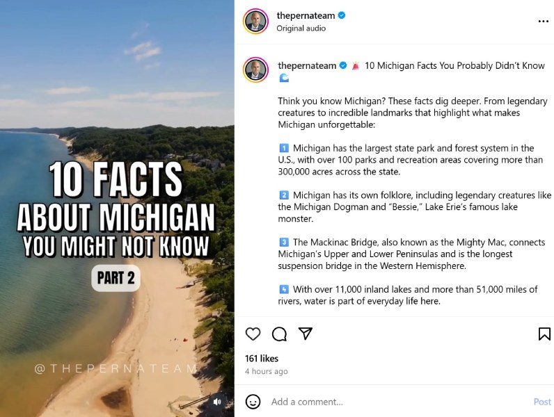 ocal facts about Michigan Instagram post by @thepernateam
