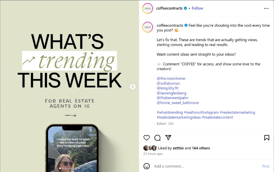 Instagram post from Coffee and Contracts showing what's new this week in their platform.