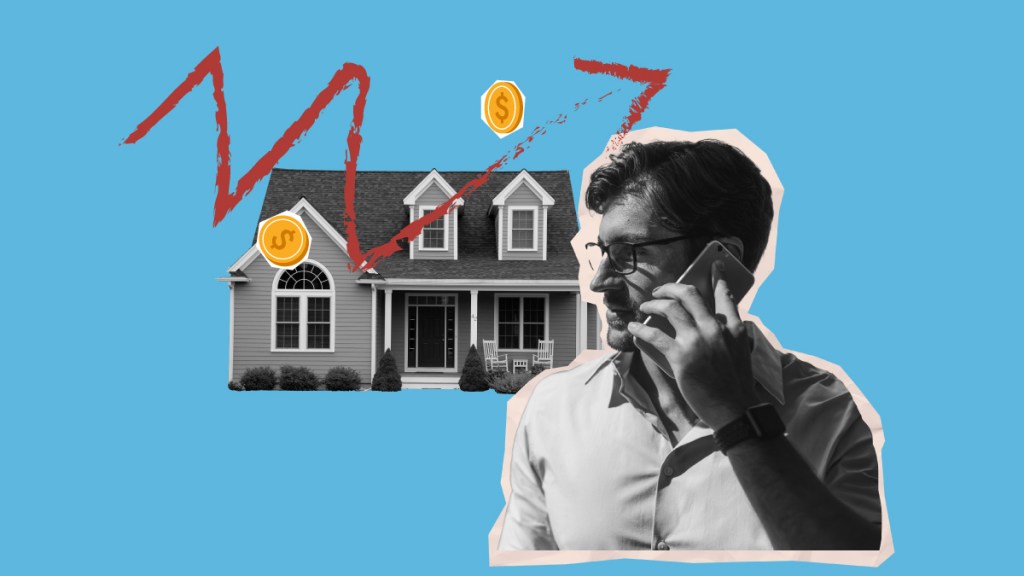 Investor or homeowner in front of house up arrow