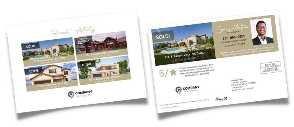 Front and back of a home that just sold with pictures of the home and agent contact information.