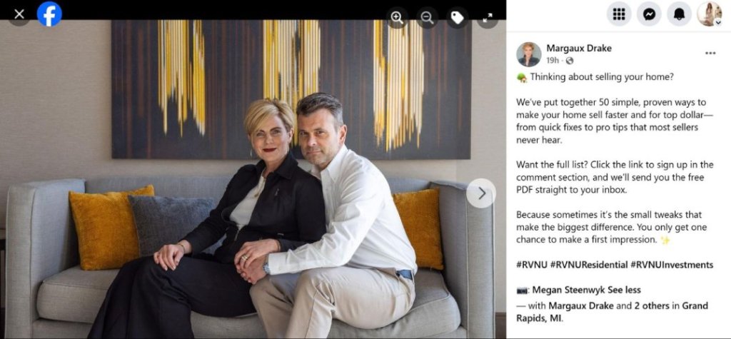Real estate ad for sellers, offering a list of 50 ways to sell your home. with image of agents.