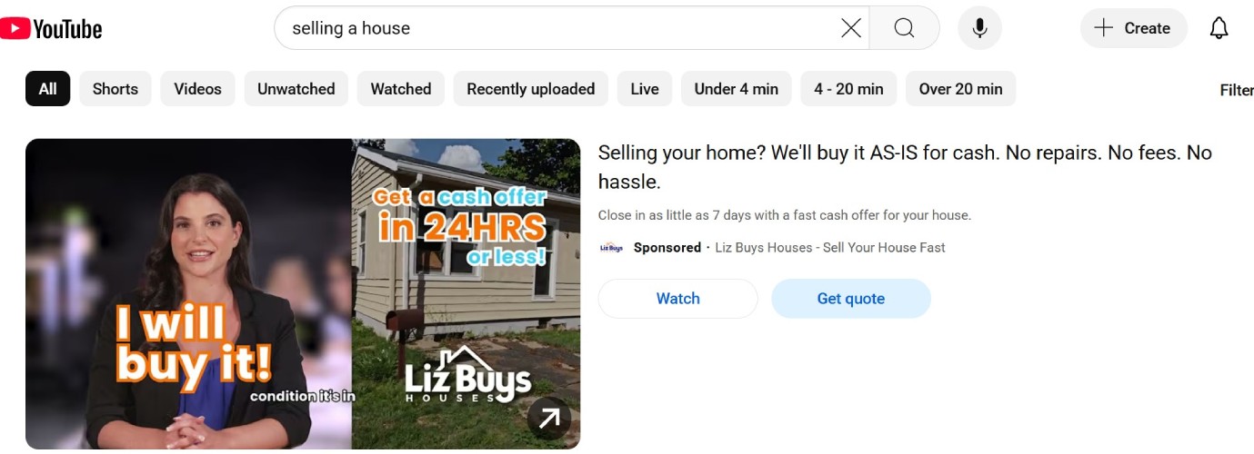 Youtube ad with woman offering as is cash deals for home sellers