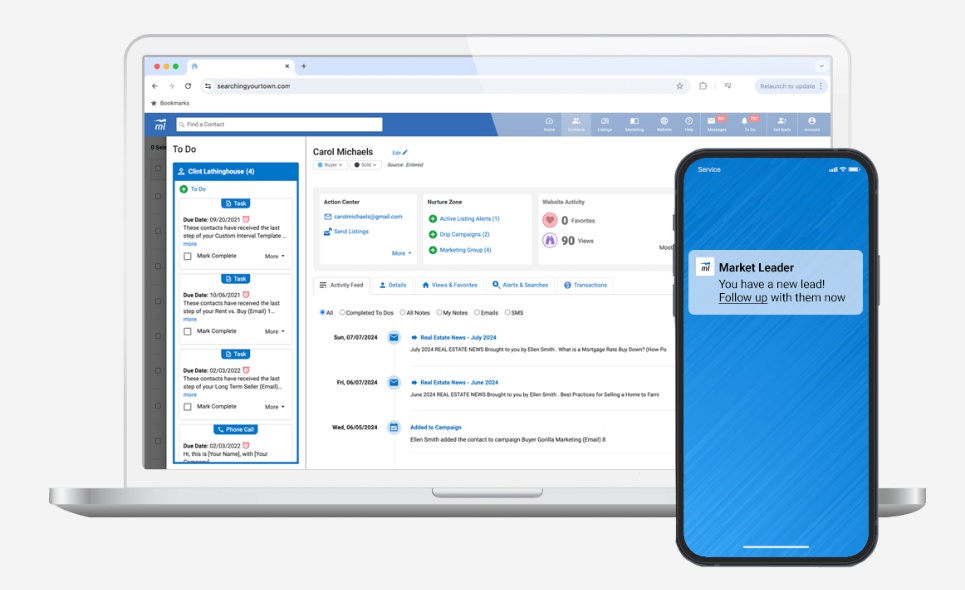 Laptop and mobile device screen showing Market Leader dashboard for leads.