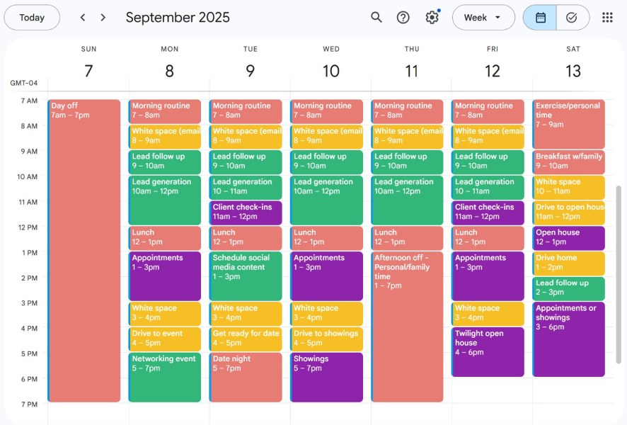 Sample real estate agent schedule on Google Calendar.