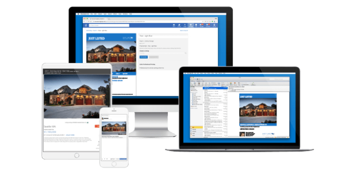 Computer monitor, laptop screen, tablet, and mobile phone layered displaying a property listing.